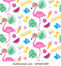 Vector tropical seamless pattern with pink flamingo, tropic leaves.
 Exotic background. Colorful summer illustration. Ideal for fabric,
 wallpaper, wrapping paper, textile, bedding, t-shirt print.