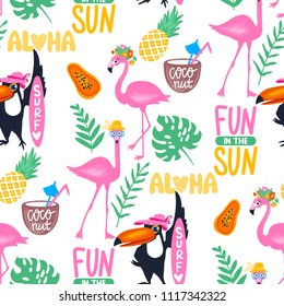 Vector tropical seamless pattern with pink flamingo, tropical leaves, toucan, pineapple. Exotic background. Colorful summer illustration.