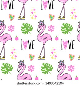 Vector tropical seamless pattern with pink flamingo, tropic leaves. Exotic bright background. Colorful summer illustration. Ideal for wrapping paper, textile, bedding, t-shirt print.