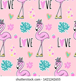 Vector tropical seamless pattern with pink flamingo, tropic leaves. Exotic bright background. Colorful summer illustration. Ideal for wrapping paper, textile, bedding, t-shirt print.