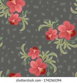 Vector tropical seamless pattern. Stylish background in hawaiian style with red exotic flowers and green leaves. Elegant botanical texture. Summer design for textile, wallpapers, print, fabric, cloth