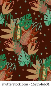 Vector tropical seamless pattern. Stylized exotic jungle forest illustration: palm, monstera leaves and tropical flowers surrounded by dots and waves. Decorative background. Bright trendy colors.