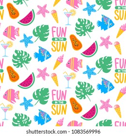 Vector tropical seamless pattern with summer elements.
 Exotic background. Colorful summer illustration. Ideal for fabric,
 wallpaper, wrapping paper, textile, bedding, t-shirt print.