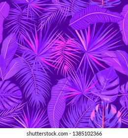 Vector tropical seamless pattern in violet neon colors. Botany design. Can be used for brochure template, poster, wedding invitation or card design