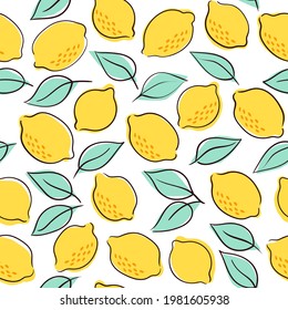 Vector Tropical seamless pattern with yellow lemons and lemon leaves. Hand drawn lemons pattern on white background. Fruit repeated background,bright print for fabric, wallpaper, design, party paper.