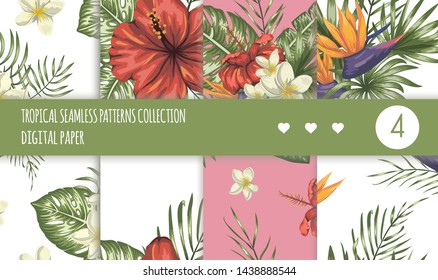 Vector tropical seamless patterns collection. Summer or spring repeat tropic backdrops set. Trendy exotic jungle ornaments