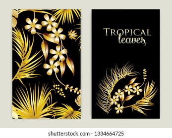 Vector tropical set background in gold colors. Botany design for cover. Can be used for brochure template, poster, wedding invitation or card design with jungle leaves.