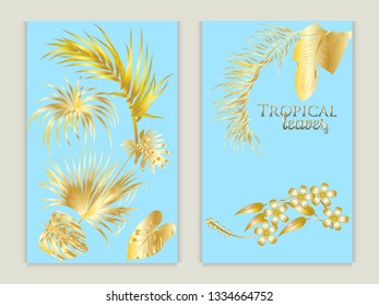 Vector tropical set background in gold colors. Botany design for cover. Can be used for brochure template, poster, wedding invitation or card design with jungle leaves.