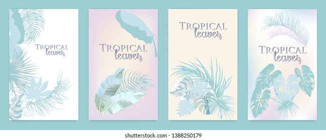 Vector tropical set background in pastel colors. Can be used for brochure template, poster, wedding invitation or card design with jungle leaves. Exotic botanical design for cover.