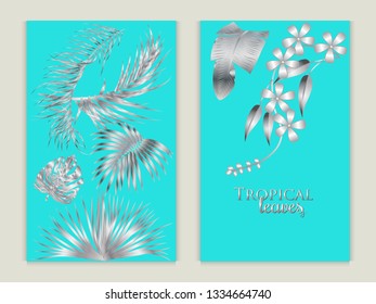 Vector tropical set background in silver colors. Botany design for cover. Can be used for brochure template, poster, wedding invitation or card design with jungle leaves.