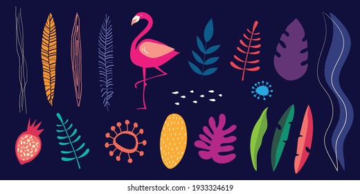 Vector tropical set  bright tropical leaves, flamingo and fruits