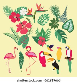 Vector Tropical set of tropical elements. Palm leaves, tropical plants, flowers, leaves, birds, birds, flamingo, toucan, parrots 