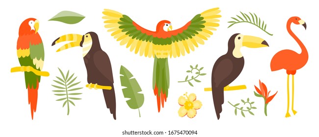 Vector Tropical set of exotic elements in flat style hand drawn. Palm leaves, tropical plants, flowers, leaves, birds, fruits. Warm summer colors and colorful flat graphics. Stickers, website design