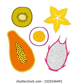 Vector tropical set with exotic sliced ??fruits: papaya, kiwi, pitaya, carambola, passion fruit. Trendy summer design for textile, poster, banner, print