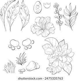 Vector tropical set - palm leaves, summer botanical set. Jurassic period. Decorative beauty flower elegant illustration for design, compositions. Black silhouette for circuit