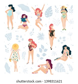 Vector Tropical Summer beach  illustration with  happy young girls isolated on white background. Tropical leaves