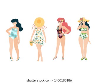 Vector Tropical Summer beach  illustration with  happy young girls isolated on white background