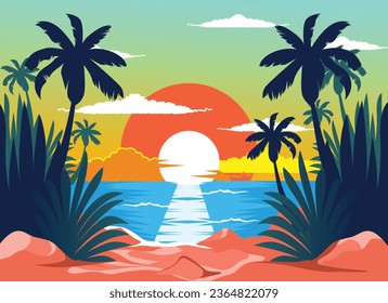 vector tropical summer beach ocean sunset and sunrise view cartoon vector illustration