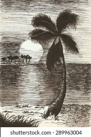 Vector tropical summer black illustration with palm tree and islands drawing by pen