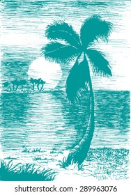 Vector tropical summer blue illustration with palm tree and islands drawing by pen