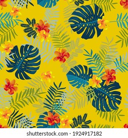 Vector tropical summer botanical seamless pattern with monstera leaves and hibiscus flowers. Bright jungle seamless repeat on yellow background. Vivid optimistic juicy colors. Repeat pattern backdrop