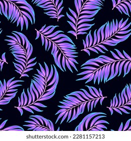 Vector tropical summer dark neon luminous seamless pattern. Bright electric colors y2k style. Dreamy summertime palm leaves background. Fabric textile design, web backdrop. Exotic tropical wallpaper