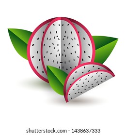 Vector tropical summer exotic fruit paper cut volumetric. Origami. Isolated color object on white background. Dragon fruit pitahaya and lobule