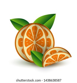 Vector tropical summer exotic fruit paper cut volumetric. Origami. Isolated color object on white background. Orange Citrus Orange Mandarin Orange and Slice