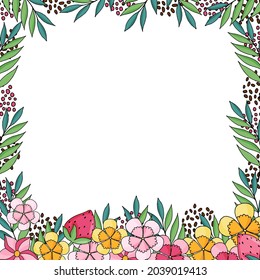 Vektortropischer Sommerrahmen mit Blumen, Blättern und Erdbeeren