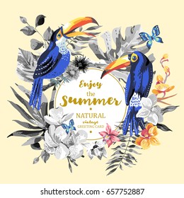 Vector tropical summer greeting card with pair of toucan, butterflies, exotic flowers and leaves. Natural floral illustration. 