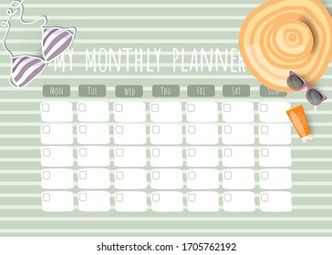 Planner mensual, plantilla de programación, dibujado a mano en verano tropical vectorial. 