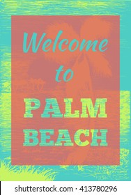 Vector tropical summer illustration with palm tree and islands. Welcome to palm beach. Vector