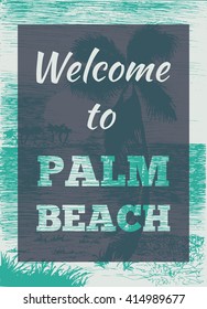 Vector tropical summer illustration with palm tree and islands. Welcome to palm beach. Vector
