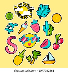 Vector Tropical Summer Patches Set in doodle style with shape. Fruits and berries. Girl fashion sweet patchworks design. Nice cartoon stickers. Fun badges