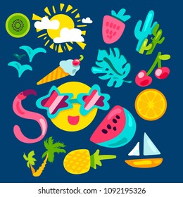 Vector Tropical Summer Patches Set in doodle style with shape. Fruits and berries. Girl fashion sweet patchworks design. Nice cartoon stickers. Fun badges
