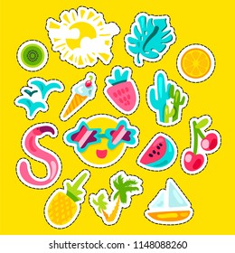 Vector Tropical Summer Patches Set in doodle style with shape. Fruits and berries. Girl fashion sweet patchworks design. Nice cartoon stickers. Fun badges