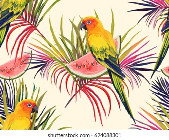  Vector tropical summer pattern, background, jungle wallpaper with parrot, palm leaves, watermelon.

