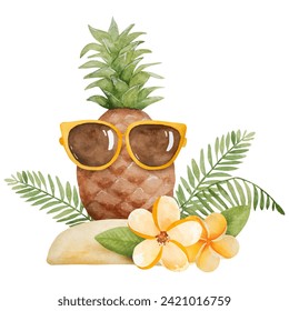 Vektor Tropische Sommerananas mit Sonnenbrille und Plumeria Aquarell für Postkartendesign. Zusammensetzung exotischer Pflanzen