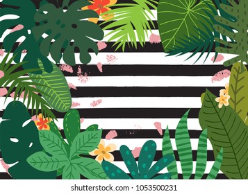 Vector tropical summer print, exotic jungle plant and palm leaves illustration. floral and geometric grunge background for your design.