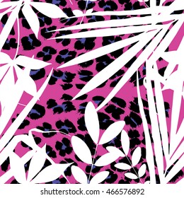 Vector tropical summer print. Exotic jungle plant and palm leaves seamless pattern. Floral motives and leo spots background for card, wallpaper, textile etc.