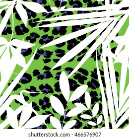 Vector tropical summer print. Exotic jungle plant and palm leaves seamless pattern. Floral motives and leo spots background for card, wallpaper, textile etc.