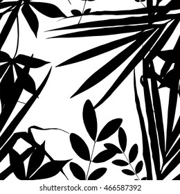 Vector tropical summer print, exotic jungle plant and palm leaves pattern. Seamless floral black and white delicate background for your design