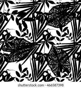 Estampado de verano tropical de Vector, planta exótica de la selva y patrón de hojas de palma. Fondo delicado blanco y negro floral inconsútil para su diseño