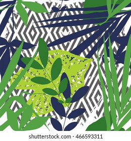 Vector tropical summer print, exotic jungle plant and palm leaves pattern. Seamless floral and geometric grunge background for your design.
