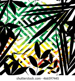 Vector tropical summer print, exotic jungle plant and palm leaves pattern. Seamless floral and geometric background with watercolor hand draun decorative element. 