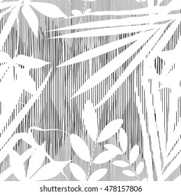 Vector tropical summer print, exotic jungle plant and palm leaves pattern. Floral black and white illustration on grunge background for design of card, wallpaper, textile etc.