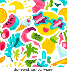 Vector Tropical Summer Seamless Pattern in doodle style with shape. Fruits and berries. Girl fashion sweet ornament design. Nice cartoon background. Fun wrap