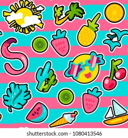 Vector Tropical Summer Seamless Pattern in doodle style with shape. Fruits and berries. Girl fashion sweet ornament design. Nice cartoon background. Fun wrap