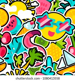 Vector Tropical Summer Seamless Pattern in doodle style with shape. Fruits and berries. Girl fashion sweet ornament design. Nice cartoon background. Fun wrap