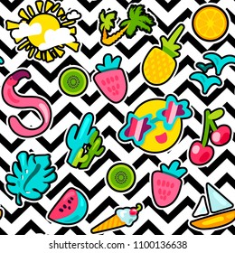 Vector Tropical Summer Seamless Pattern in doodle style with shape. Fruits and berries. Girl fashion sweet ornament design. Nice cartoon background. Fun wrap